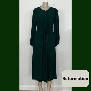 Reformation | Green Long Sleeve Button-Front Midi Dress